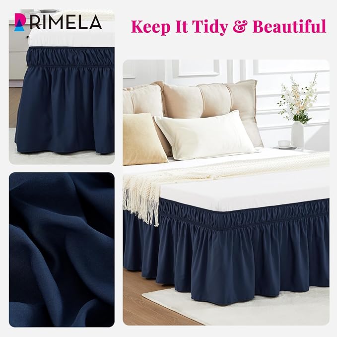 RIMELA Navy Blue Bed Skirt Queen Size 18 Inch Drop, Elastic Bed Skirting for Bed Base and Frame, Bedding Dust Ruffle Easy to Install, Lightweight Wrap Around Adjustable Bedskirt