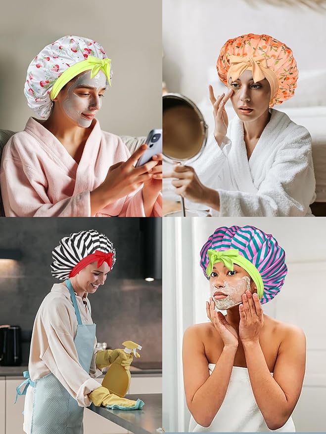 Floral Satin Bonnet For Sleeping Women Double Layer Pleated Design Adjustable Shower Cap For Curly Hair Strawberries