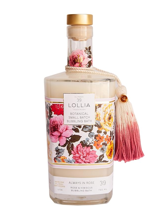 Lollia Always in Rose Bubble Bath, 25 fl oz, Rose & Hibiscus Scented Bubble Skin Care for Women, Moisturizing & Hydrating Luxury Floral Bubbling Bath Soap for Home Spa