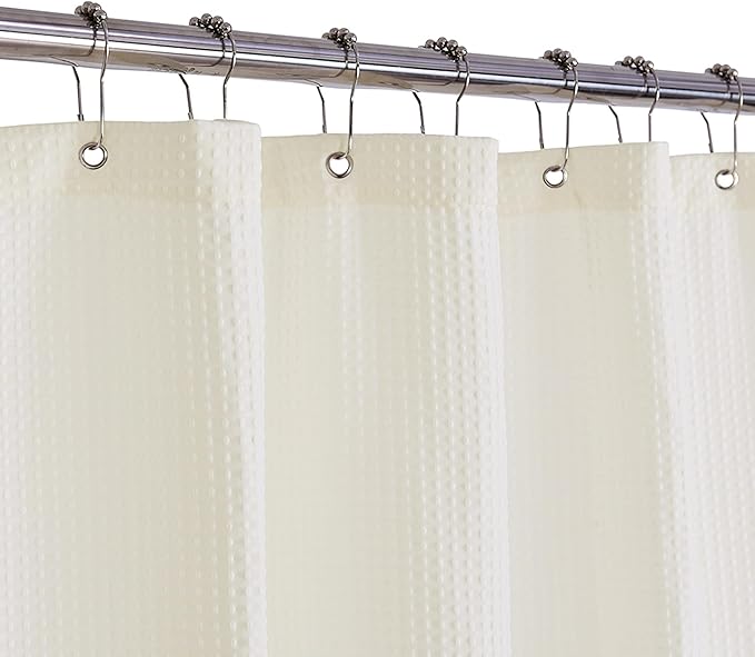 Waffle Weave Fabric Shower Curtain Heavyweight 230 GSM, Hotel Luxury, Water Repellent, Washable, Cream Diamond Pattern Pique for Decorative Bathroom Curtains