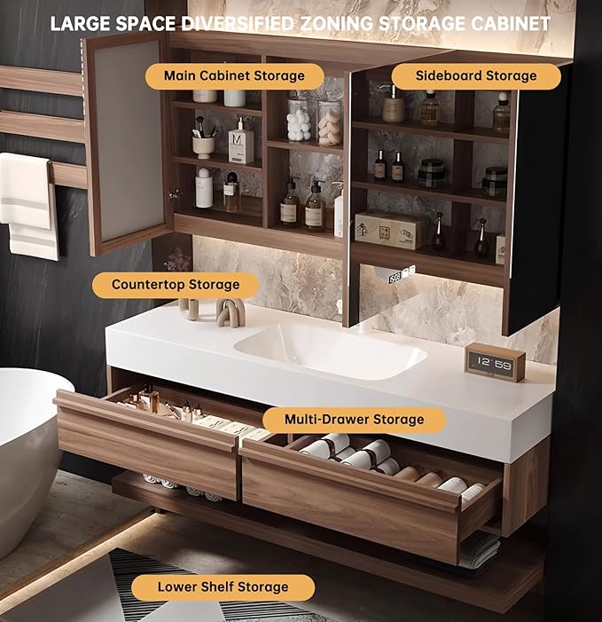 64" Bathroom Vanity, Floating Bathroom Vanity with Sink, Solid Wood Vanities with Smart Defogging Mirror Cabinet, Slate Countertop and Faucet, Wall Mount Bath Furniture Cabinet with Drawers (Walnut)