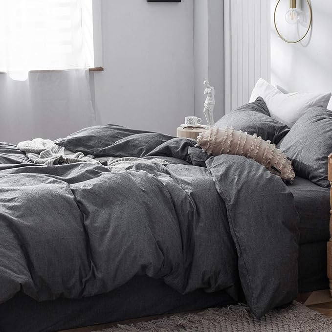 MooMee Bedding Duvet Cover Set 100% Washed Cotton Linen Like Textured Breathable Durable Soft Comfy (Heathered Dark Grey, King 104"x90")
