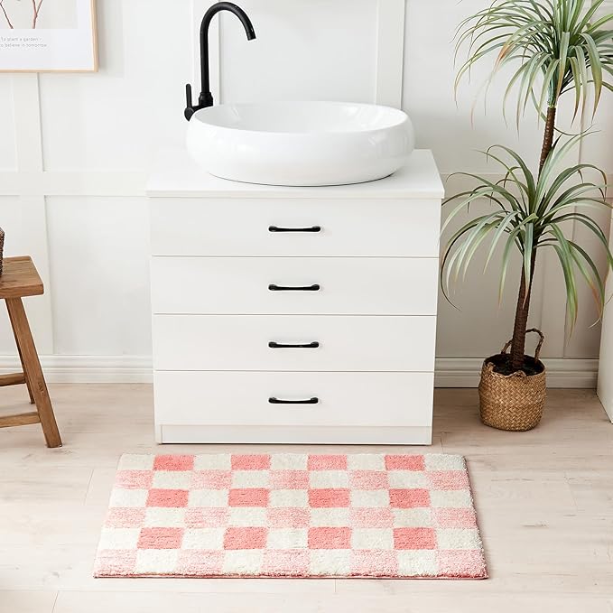 CozeCube Bath mats for Bathroom Non Slip, Fluffy Absorbent Microfiber Bath mat Washable, Aesthetic Bathroom Rugs, Long Blossom Pink Checkered Bath mat, Blossom Pink, 47" x 24"