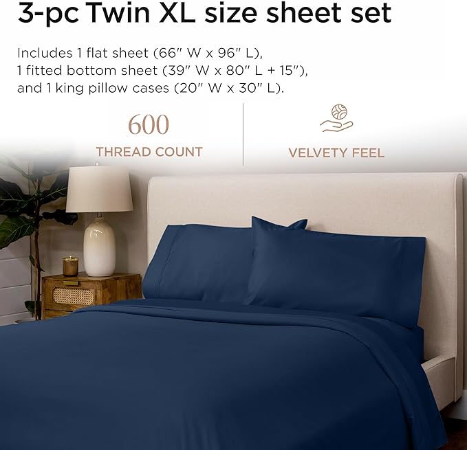 Threadmill 100% Cotton Sheets for Twin XL Size Bed - 600 Thread Count Twin XL Bed Sheets Set with 15” Deep Pocket - Sateen Weave 3-Piece Bedding Set with Cooling Effect, Folkstone Blue
