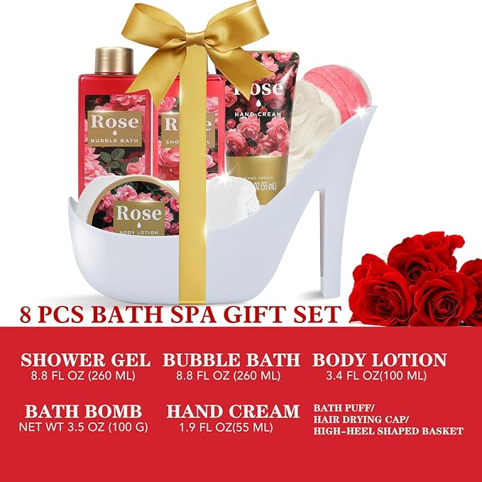Romantic Rose Christmas Gifts for Women Spa Gift Basket, Bath Set with Bath Bombs & Body Lotion, Anniversary Valentine's Day Gifts for Her, Wife, Girlfriend