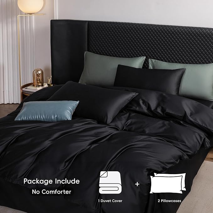 MooMee Duvet Cover Set 100% Extra Long Staple Cotton 600 Thread Count Silky Sateen Smooth Luxury Soft Breathable Durable Hotel Quality Bedding, 3 Pieces (Black, Oversized Queen 98"x98")