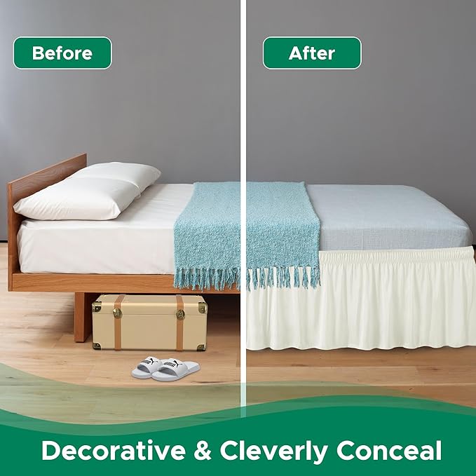 Biscaynebay Wrap Around Bed Skirts for Full & Full XL Beds 18" Long Drop, Ivory Adjustable Elastic Dust Ruffles Easy Fit Wrinkle Resistant Silky Luxurious Fabric Machine Washable