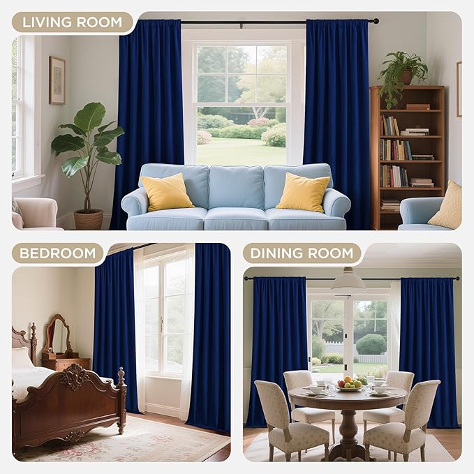 Joydeco Royal Blue 100% Blackout Curtains 108 Inch 2 Panels, Luxury Thermal Royal Blue Velvet Curtains for Bedroom Living Room, Soundproof Blackout Window Drapes, Rod Pocket & Back Tab (52W x 108L)