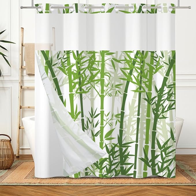 Bamboo Shower Curtain No Hooks with Snap-in Liner,Spring Bamboo Shower Curtains,Watercolor Fabric Green Shower Curtain Set,with See Through Top Window for Bathroom Decor,71 x 74 Inch
