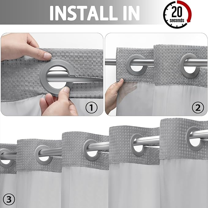 YellyHommy No Hook Shower Curtain with Snap in Liner Set Less Time Grey Waffle Shower Curtain for Bathroom 75" L x 48" W Gray