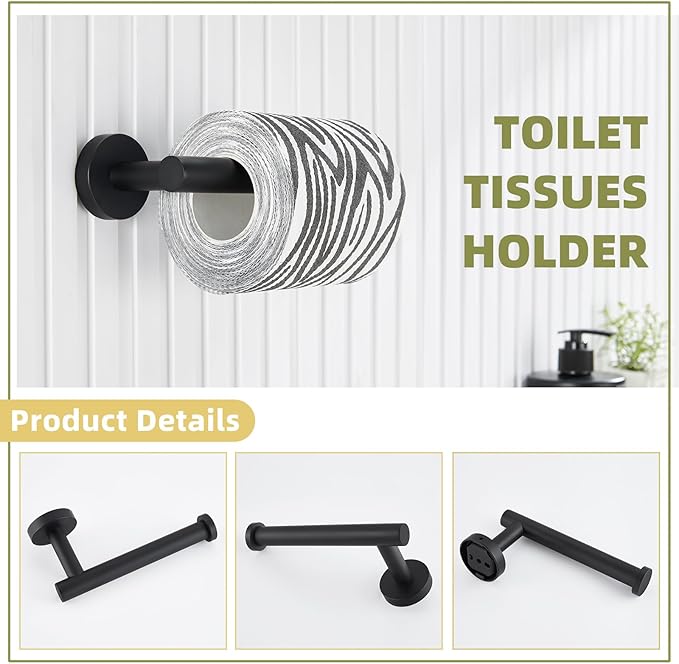 APLusee Matte Black 2 Pieces Bathroom Accessories Set, Hand Towel Ring, Toilet Paper Holder, Stainless Steel Bath Hardware Wall Mounted