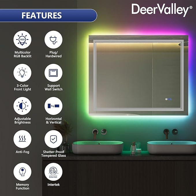 DeerValley LED Bathroom Mirror, 40" x 32" RGB Front and Backlit Wall Mounted Bathroom Vanity Mirror, Anti-Fog, 3 Colors Dimmable, Shatterproof, Tempered Glass, Memory Function (Horizontal/Vertical)