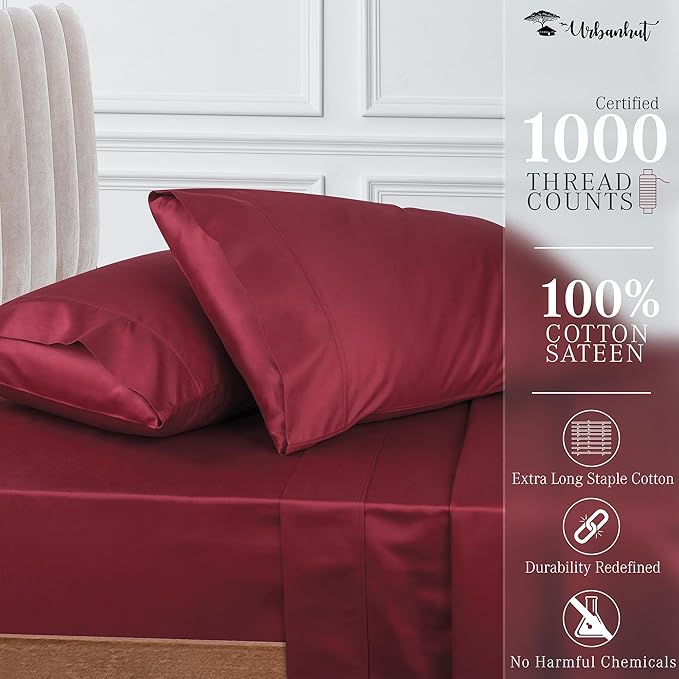 URBANHUT 1000 Thread Count King Bed Sheets Egyptian Cotton Sheet Set, Long Staple Soft & Breathable, 4 Pc Bed Sheet Sets, Luxury Hotel Sateen Sheets Fits 16" Deep Pocket - Burgundy