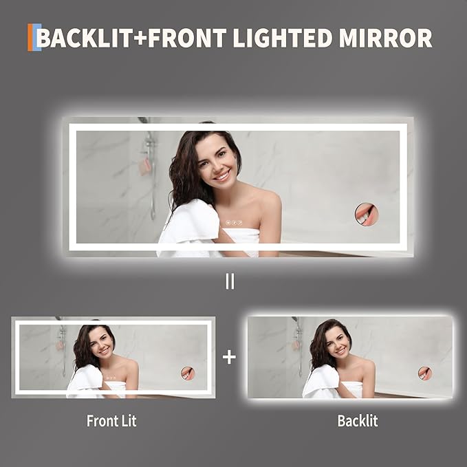 GarveeHome 60x25 LED Bathroom Mirror with Lights, Dimmable, Anti-Fog, Backlit + Front Lit, Smart Bathroom Vanity Mirror for Wall, Memory Function, Shatter-Proof (Horizontal/Vertical)