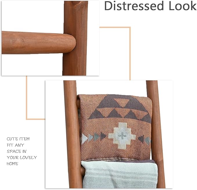 FUIN Fully Assembled 57in Wood Blanket Ladder Living Room Decorative Wall Leaning Farmhouse Quilt Display Holder Rustic Wooden Towel Rack for Bathroom, Dark Brown