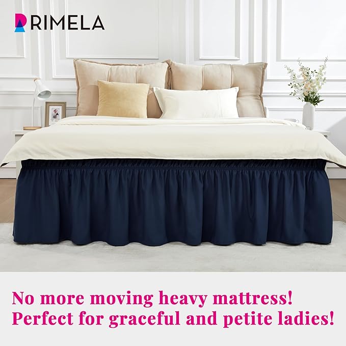 RIMELA Navy Blue Bed Skirt Queen Size 18 Inch Drop, Elastic Bed Skirting for Bed Base and Frame, Bedding Dust Ruffle Easy to Install, Lightweight Wrap Around Adjustable Bedskirt