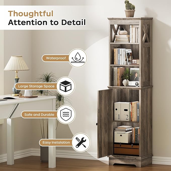 Tall Bathroom Storage Cabinet with Door and Open Adjustable Shelves, 60.9" H Wooden Tower Corner Narrow Farmhouse Cabinet, Freestanding Organizer for Kitchen, Entryway Grey