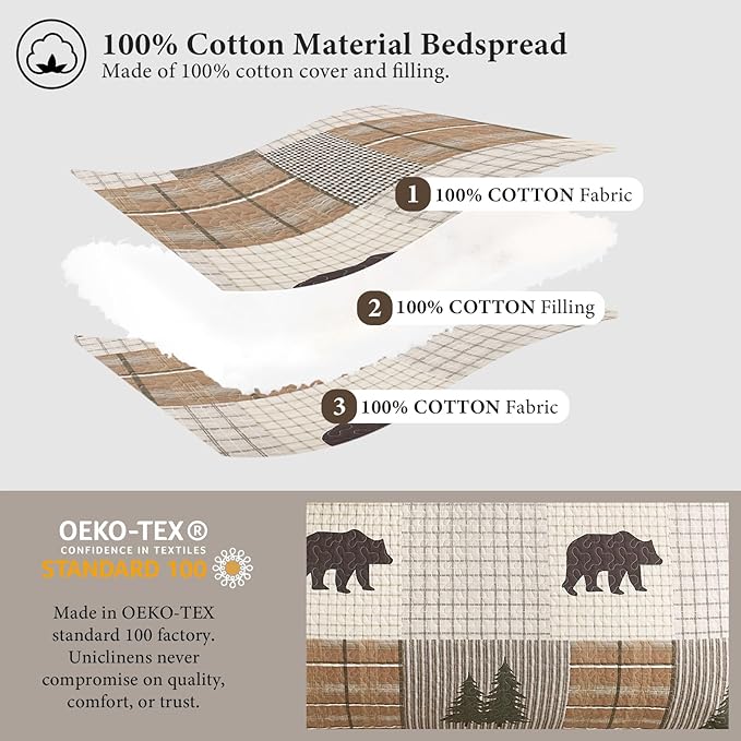 Uniclinens 100% Cotton Quilts Queen Size - Farmhouse Cabin Lodge Bear Deer Tree Quilt Set, Soft Patchwork Plaid Bedspreads Lightweight Quilted Comforter with 2 Pillow Shams, Green/Brown/Cream