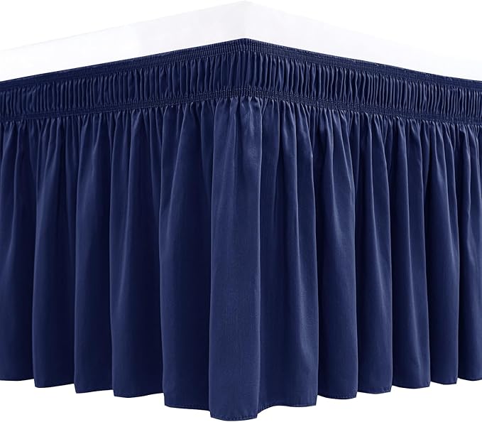 Biscaynebay Wrap Around Bed Skirts for Queen Beds 22" Long Drop, Navy Adjustable Elastic Dust Ruffles Easy Fit Wrinkle Resistant Silky Luxurious Fabric Machine Washable