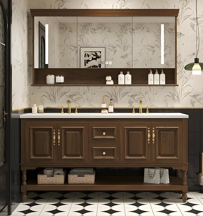 68" Double Bathroom Vanity with Sink,Freestanding Bathroom Vanity Large Storage Cabinet & Open Mirror Cabinet,4 Soft Closing Doors and 2 Drawers Solid Wood Luxury Bathroom Vanities Set,Brown