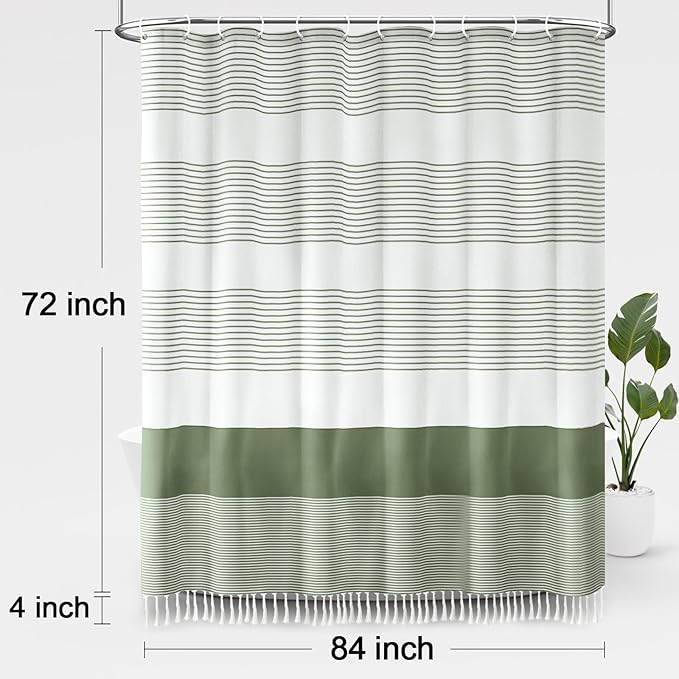 Awellife Sage Green Shower Curtain for Bathroom Stripe Tassel Shower Curtain 84 X 72 Inches Farmhouse Cotton Wide