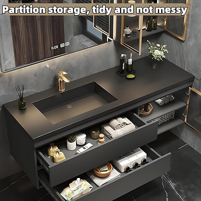 Bathroom Vanity with Sink - Luxury Bathroom Vanities, Floating Vanity with Smart Defogging Mirror, Multi-Layer Solid Wood Material - Complete Accessories (72")