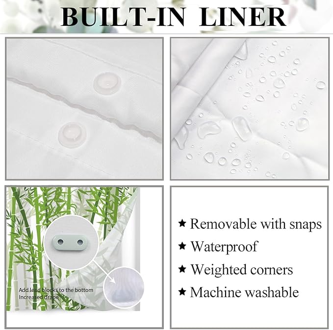 Bamboo Shower Curtain No Hooks with Snap-in Liner,Spring Bamboo Shower Curtains,Watercolor Fabric Green Shower Curtain Set,with See Through Top Window for Bathroom Decor,71 x 74 Inch