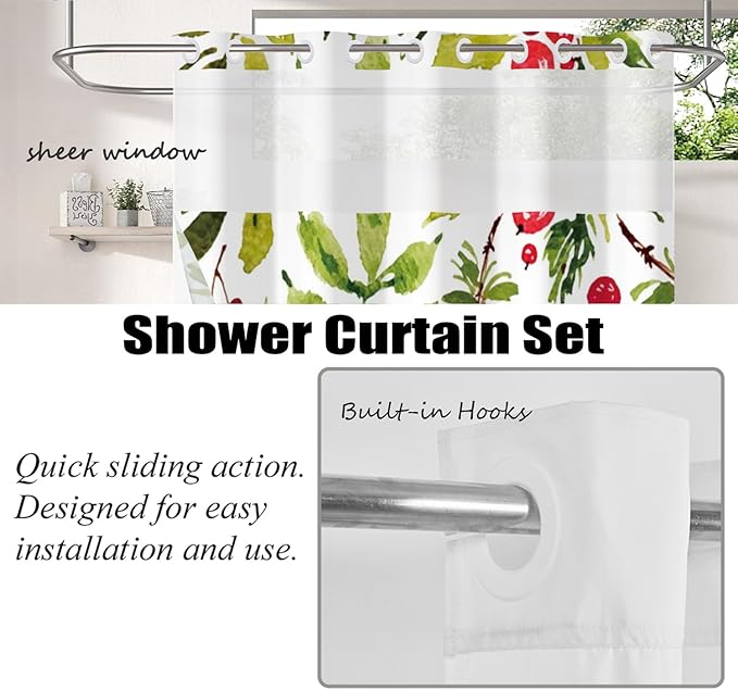 Floral Shower Curtain No Hooks with Snap-in Liner,Botanical Shower Curtains,Watercolor Fabric Holly Berry Shower Curtain Set,with See Through Top Window for Bathroom Decor,71 x 74 Inch