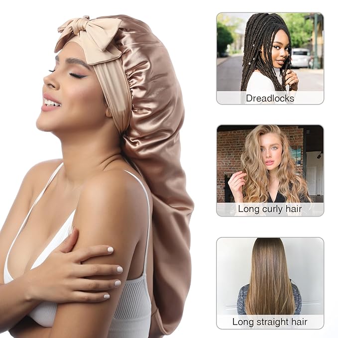 AWAYTR Long Satin Bonnet for Women - Double Layer Elastic Silk Bonnet for Braids Hair Sleeping Cap with Tie Band (Champagne)