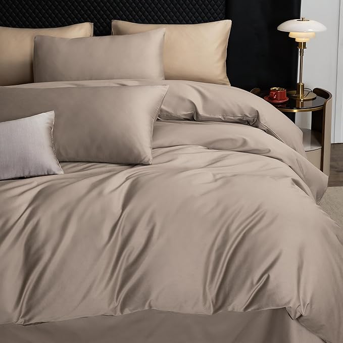 MooMee Duvet Cover Set 100% Extra Long Staple Cotton 600 Thread Count Silky Sateen Smooth Luxury Soft Breathable Durable Hotel Quality Bedding, 3 Pieces (Tannish Gray, King 104"x90")