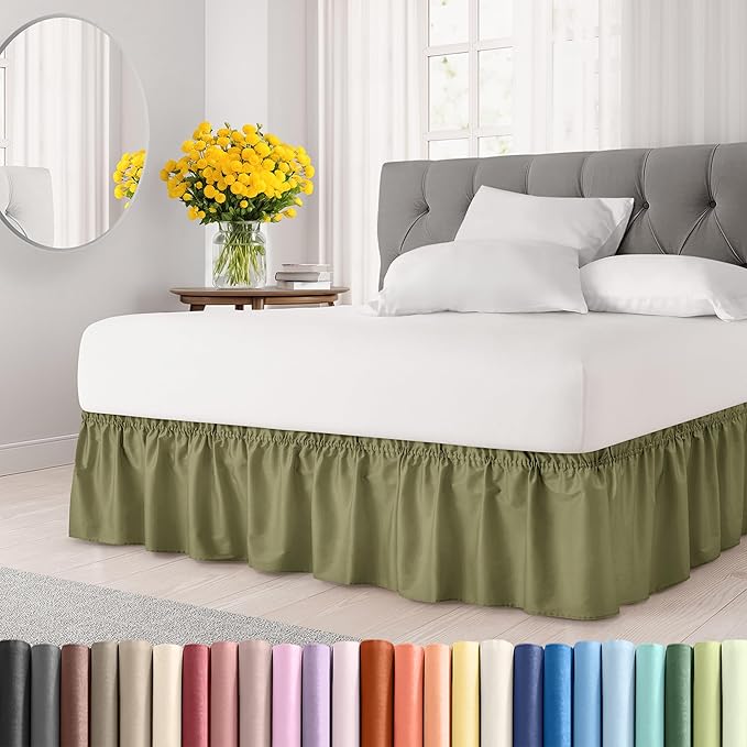 Wrap Around Dust Ruffle Bed Skirt - Sage Green - for Full Size Beds w/ 14 Inch Drop - Easy Fit Elastic Strap - Adjustable Pleated Bedskirt with Brushed Fabric, Wrinkle Free Women, Men, Kids and Teens