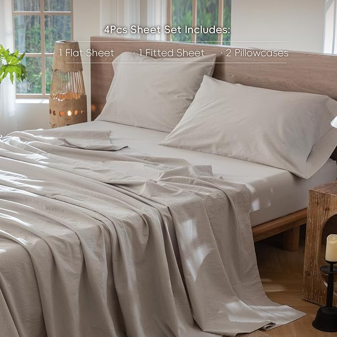 MooMee Bedding Sheet Set 100% Washed Cotton Linen Like Textured Breathable Durable Soft Comfy (Solid Light Tan, King)