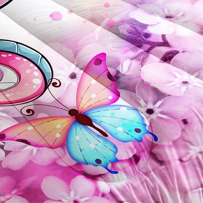 Cartoon Axolotl Comforter Kids Bedding Set,Axolotl Flower Butterfly Bedding Twin Size for Boys Girls Room Kawaii Decor,Pink Toddler Comforter Sets with 2 Pillowcases.