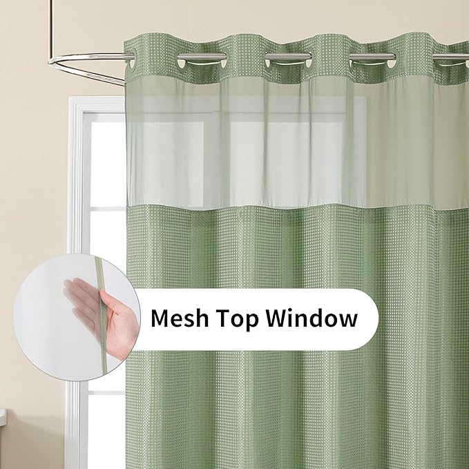 Colorful Star No Hook Shower Curtain with Snap in Fabric Liner, Waffle Weave Heavy Duty Thick Shower Curtains with Mesh Top Window, Hotel Style Waterproof Bathroom Curtain Set, 72'' x 75'', Sage Green