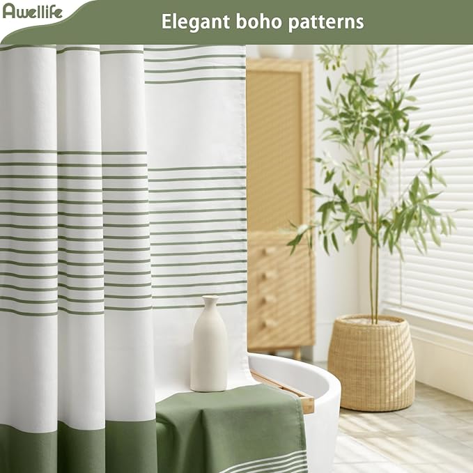 Awellife Sage Green Shower Curtain for Bathroom Stripe Tassel Shower Curtain 60 X 72 Inches Farmhouse Cotton Stall