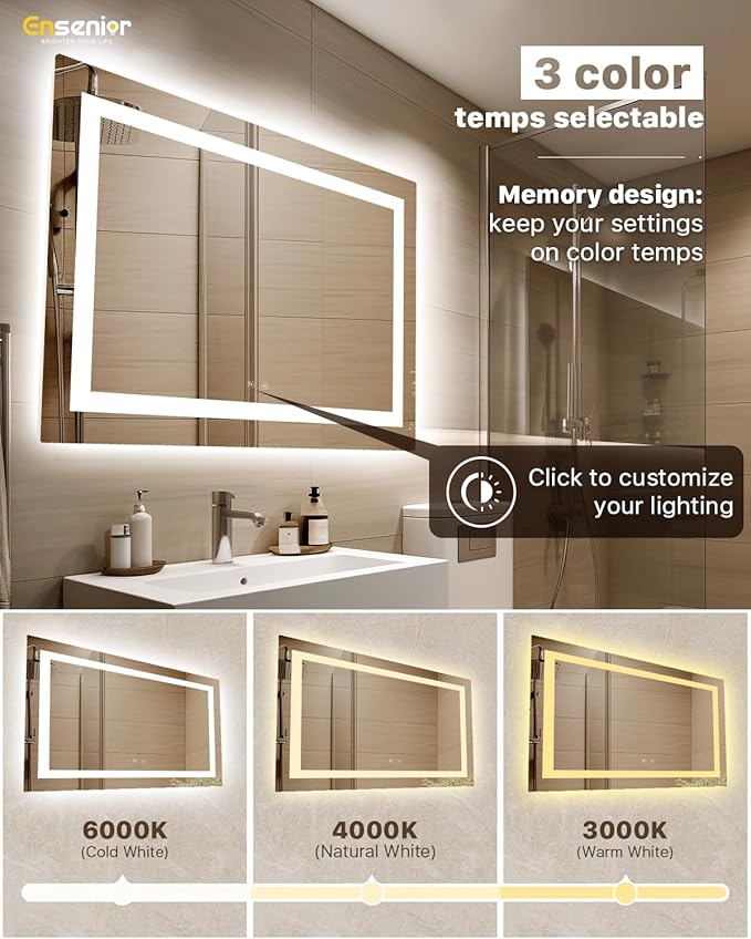 Ensenior LED Bathroom Mirror 60"x 36" with Front and Backlight, Stepless Dimmable Wall Mirrors with Anti-Fog, Shatter-Proof, Memory, 3 Colors, Modern LED Vanity Mirror-ETL & FCC