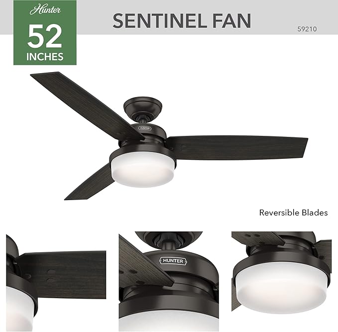 Hunter 52 inch Indoor Ceiling Fan with LED Light and Remote Control - Bronze Ceiling Fan, Standard Mount, 3 Blades, For Bedroom, Living Room, or Kitchen - Sentinel 59210, Premier Bronze