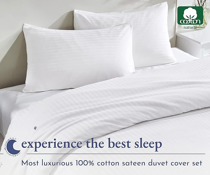 California Design Den Stripe Duvet Cover Queen Size, 400 Thread Count Sateen 100% Cotton Comforter Cover, 2 Pillow Shams, 3-Pc Bedding Set, Button Closure, Corner Ties (White Stripes, Full/Queen)