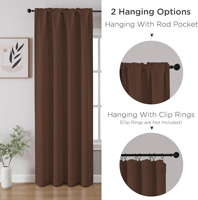 CUCRAF Brown Blackout Curtains 108 inch Length 2 Panels Set, Rod Pocket Room Darkening Drapes for Bedroom Living Room, Insulated Thermal Light Blocking Window Curtain (W52 x L108 Inch)