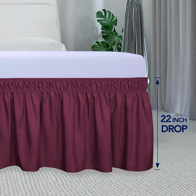 PureFit Wrap Around Ruffled Bed Skirt with Adjustable Elastic Belt - 22 Inch Drop Easy to Put On, Wrinkle Free Bedskirt Dust Ruffles, Bed Frame Cover for Queen, King and C-King Size Beds, Wine