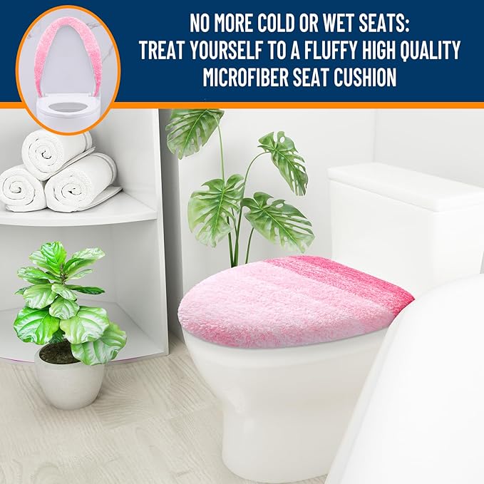 OLANLY Soft Microfiber Bathroom Toilet Lid Cover, Machine Washable Covers, 17.5x15, Stays in Place Rubber Backing, Fits Most Round, Elongated and Oblong Lids, Accessories Decor, Pink