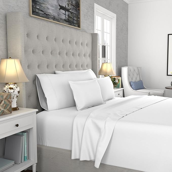 SUPREME ELEGANCE Cotton Blend Snow Sheet Set Queen Size, 1200 Thread Count Ultra Soft Sateen Sheet Set, Hotel Luxury, Moisture Wicking & Wrinkle Resistant, Easy Care Fall Bedding Set