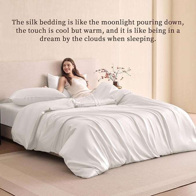 THXSILK 100% Pure Mulberry Silk Duvet Cover Set 3 Piece, 6A+ Grade Luxury Soft Bedding Silk Sheets for Hair and Skin, 1 Pcs Duvet/Quilt/Comforter Cover with 2 Zippered Pillowcases (Cream White, Full)