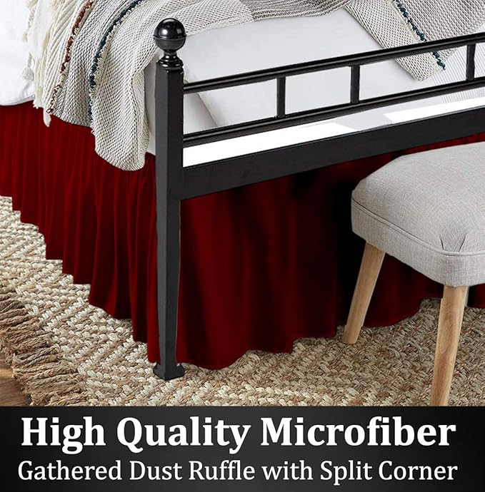 Ruffled Bed Skirt with Split Corners, Burgundy, Queen 16 Inch Drop Bedskirt, Hotel Quality Brushed Microfiber Wrinkle Free Dust Ruffle Bed Skirt Queen Size