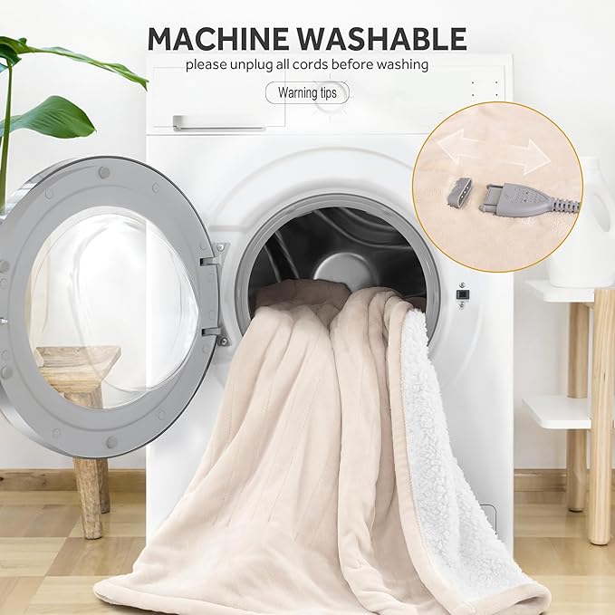 Heated Blanket Electric Blanket Queen Size Soft Flannel Sherpa, 6 Heat Levels Fast Heating, 2 to 10 Hours Auto-Off Detachable Controller Machine Washable, Beige 84"x90"