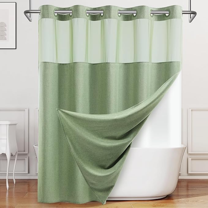No Hook Shower Curtain with Snap in Liner, Polyester Textured Shower Curtain with Liner Set, Waterproof Washable Hotel Style Shower Curtains for Bathroom, 71Wx77H, Sage Green