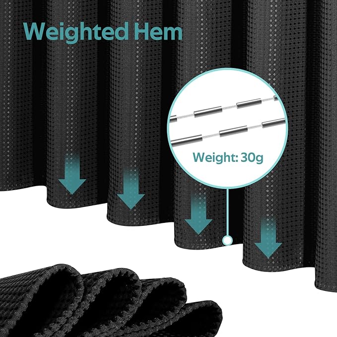 3 in 1 Shower Curtain Set, Waffle Shower Curtain and Liner Set with 6 Double Sided Shower Curtain Hooks, 258GSM Luxury Weighted Cloth Shower Curtains for Bathroom, 36 W x 72 H, Black