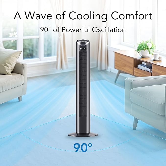Comfort Zone Tower Fan for Bedroom, 32 inch, 3 Speeds, 90 Oscillation, Bladeless Indoor Fan, Built in Carry Handle, Portable Stand Fan, Black