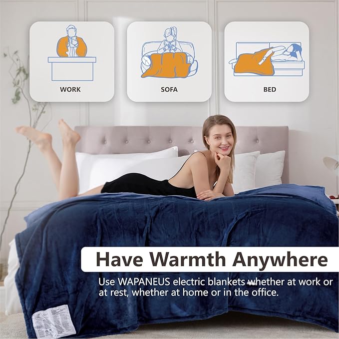 Wapaneus Heated Blanket Electric Queen Size 84"x90"-Dual Control with 10 Heat Levels 12 Timer Settings and 8 Hours Auto-Shut Off,Fast-Heating Electric Blanket,ETL Listed Machine Washable,Dark Blue