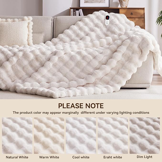 Heated Blanket Throw with 1/2/4/6/8 Hours Auto-Off 10 Heat Level, 50'' * 60'' Cozy Faux Rabbit Fur Bubble Electric Blanket with Overheat Protection(White)